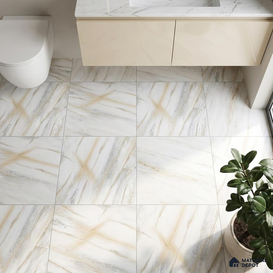 Modern bathroom with beige vanity and marble-look floor tiles