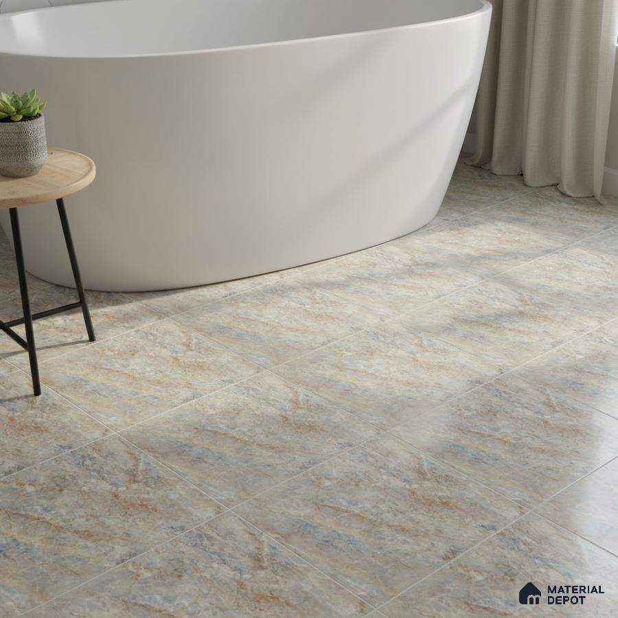 Modern bathroom with marble-look floor tiles and freestanding tub