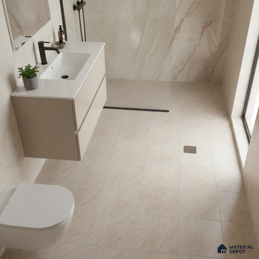 Modern bathroom with beige marble wall tiles and matte beige floor tiles