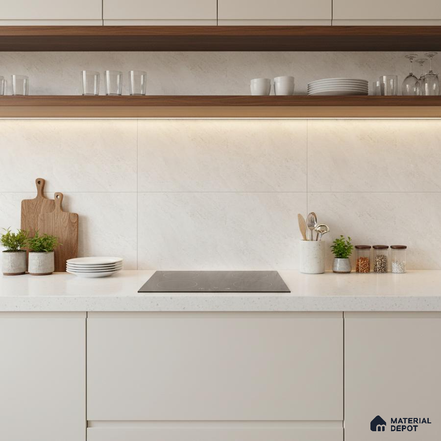 Minimalist kitchen with frosty white laminate, white quartz countertop, and walnut open shelves