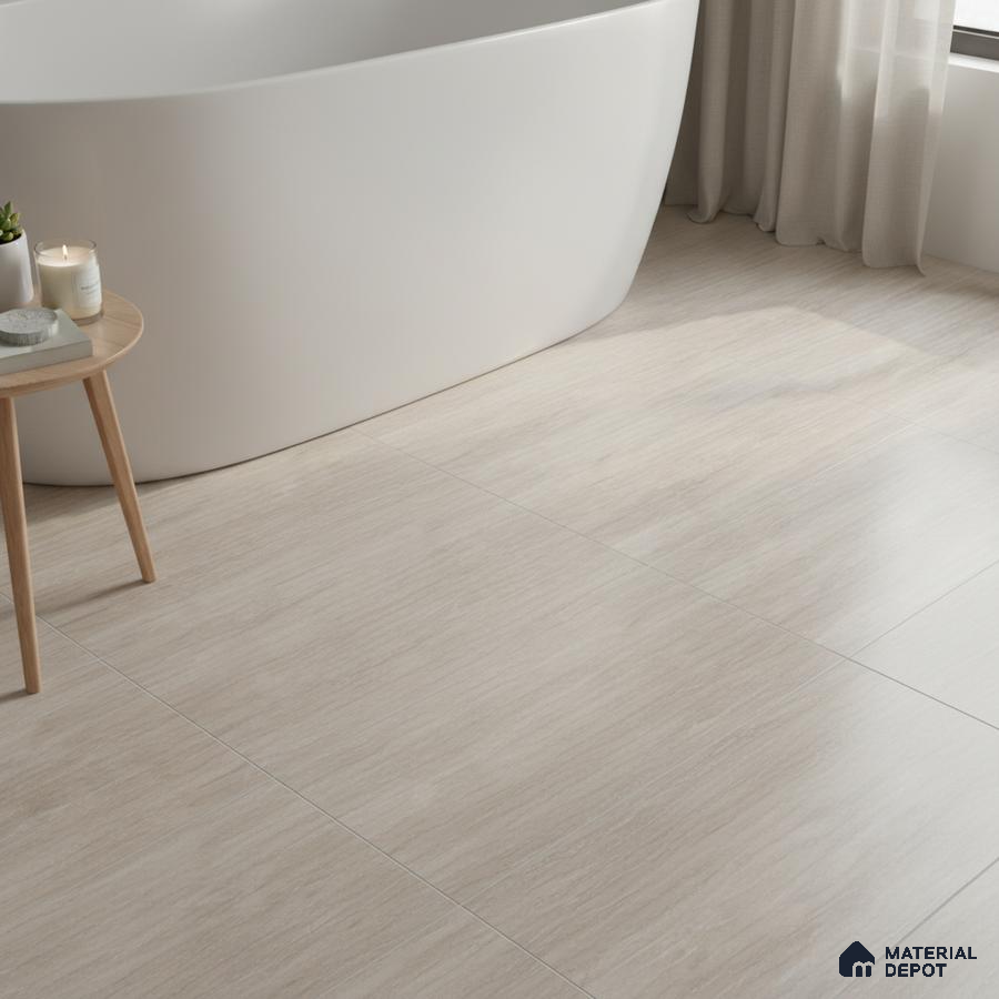 Minimalist bathroom with light beige stone-look floor tiles and freestanding tub
