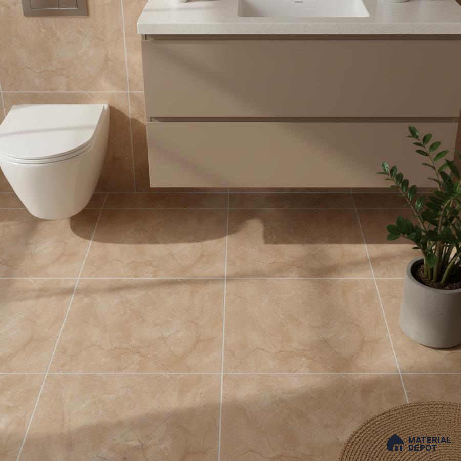 Modern bathroom with beige marble-look tiles and matte taupe vanity