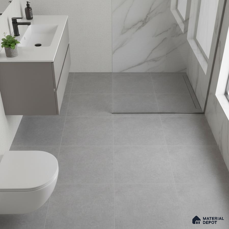 Minimalist bathroom with grey floor tiles and white marble-look wall tiles