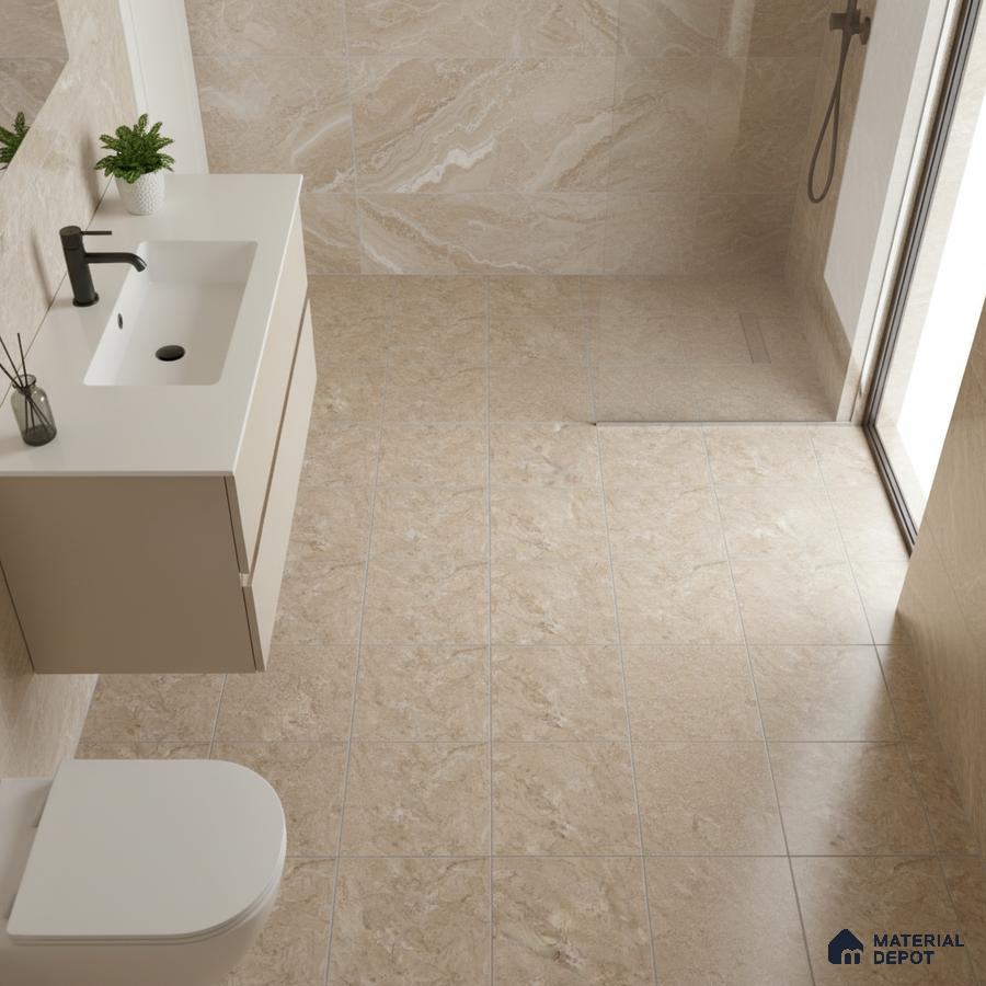Modern bathroom with beige marble-look wall and floor tiles and floating vanity