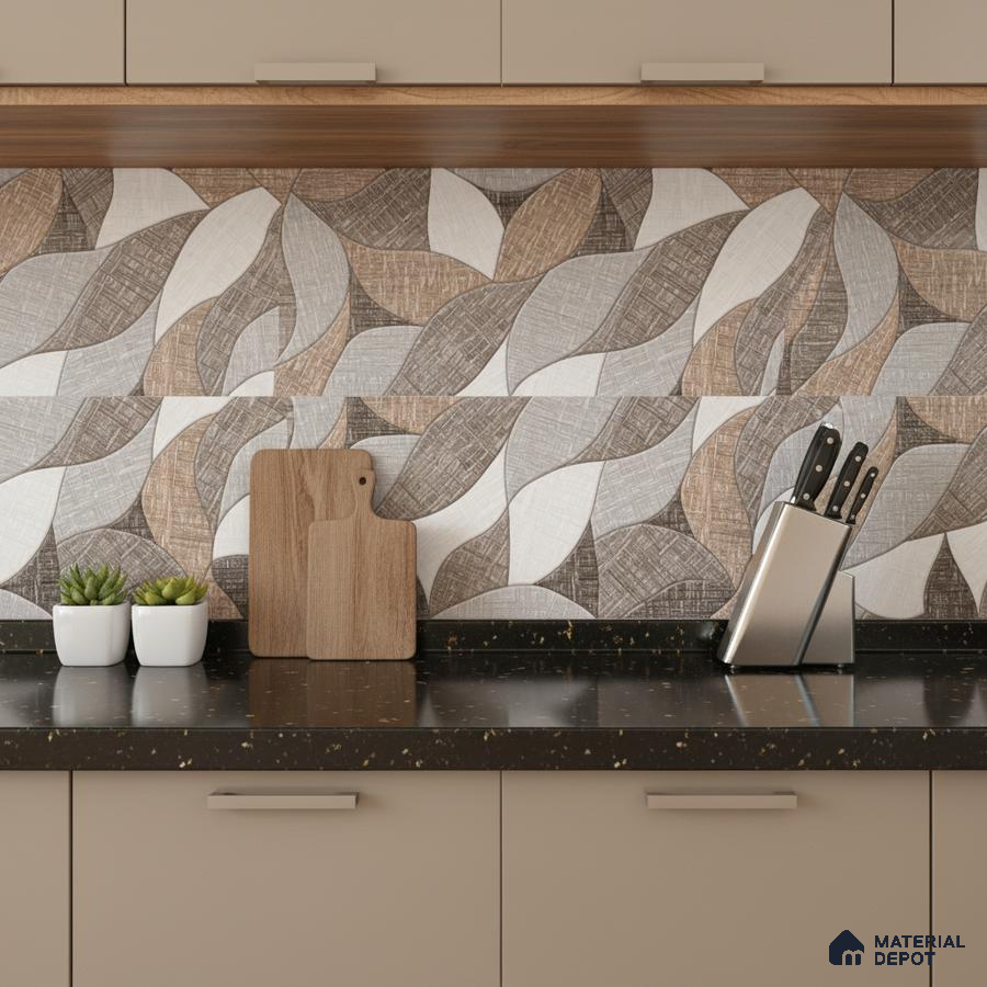 Modern kitchen with beige laminate cabinets, black quartz countertop, and geometric patterned backsplash tiles