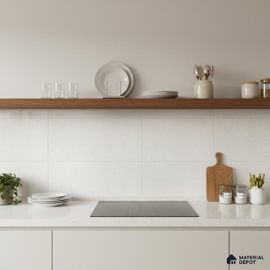 Minimalist kitchen with white quartz countertop, matte white cabinets, and walnut wood open shelf