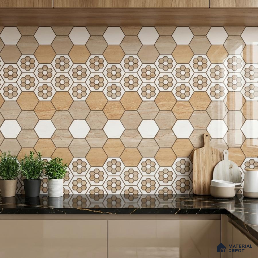 Modern kitchen with beige and white hexagonal floral backsplash tile and black marble countertop