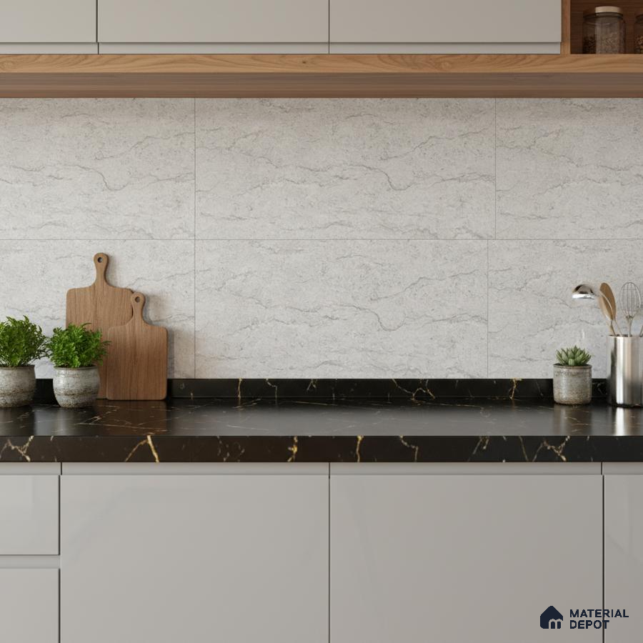 Modern kitchen with white marble-look backsplash tile, black marble countertop, and light grey laminate cabinets