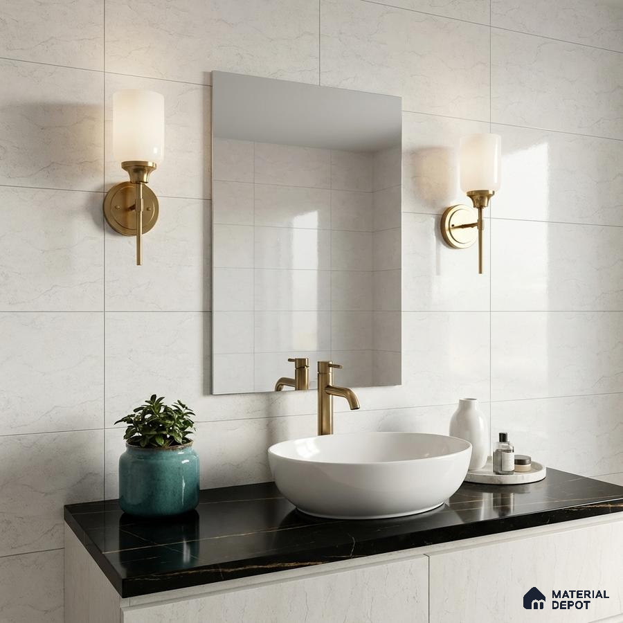 Modern bathroom with white marble-look wall tiles and black quartz countertop