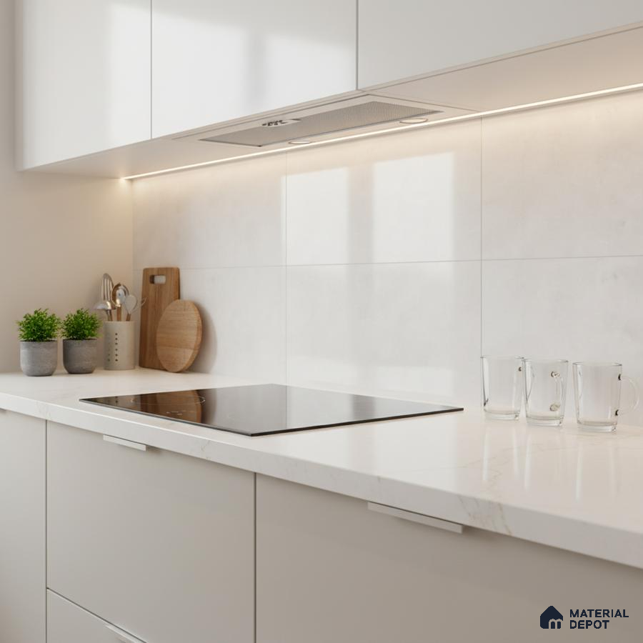 Minimalist kitchen with frosty white laminate cabinets and white marble-look quartz countertop