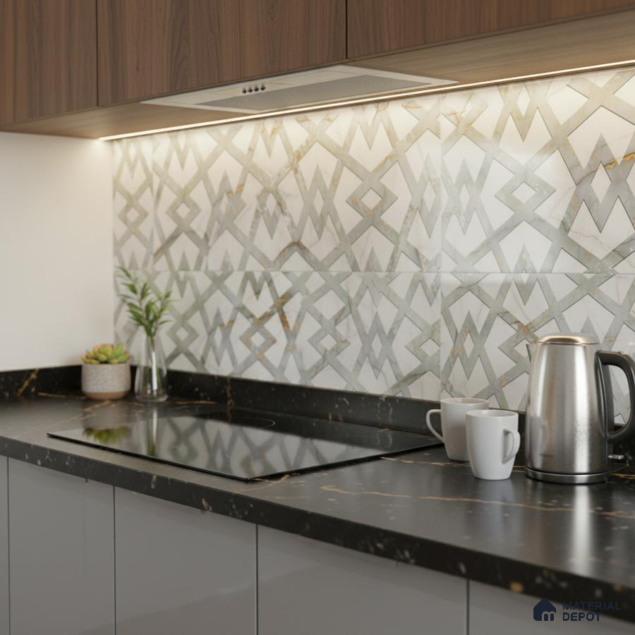 Modern kitchen with geometric patterned backsplash tile, walnut laminate cabinets, and black marble countertop