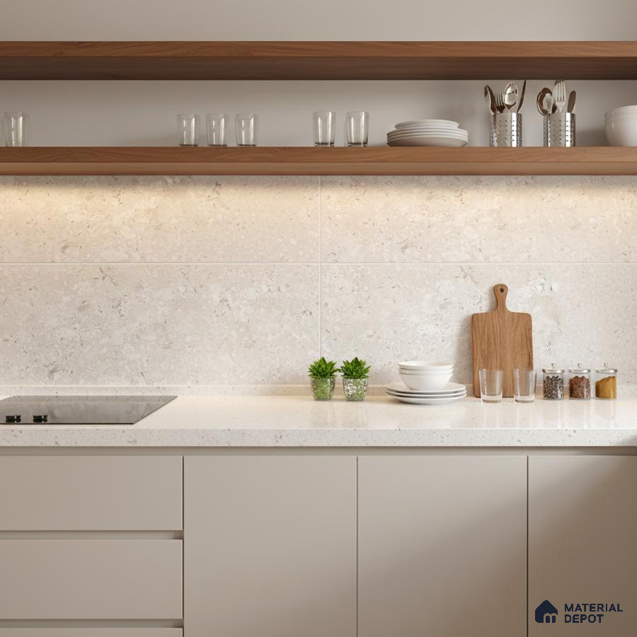 Minimalist kitchen with beige matte laminate cabinets, white quartz countertop, and light stone backsplash tile