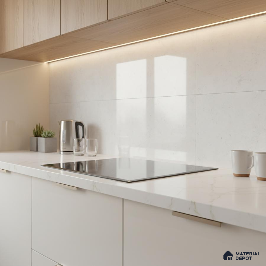 Minimalist kitchen with white marble-look quartz countertop, light oak laminate cabinets, and white marble wall tiles
