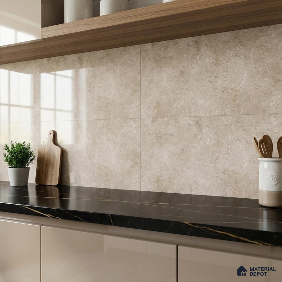 Modern kitchen with beige marble-look wall tiles, black marble countertop, and glossy taupe laminate cabinets