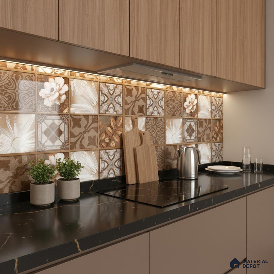 Modern kitchen with floral and geometric patterned brown backsplash tiles and black marble countertop
