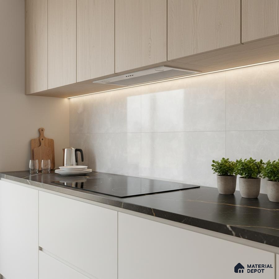 Minimalist kitchen with light wood laminate cabinets, white marble-look backsplash tile, and black marble countertop