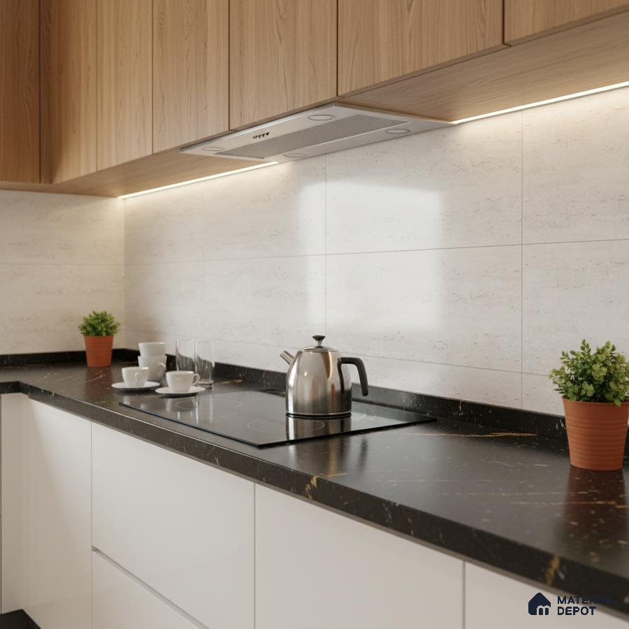 Modern kitchen with oak wood laminate cabinets, white base cabinets, and black marble countertop