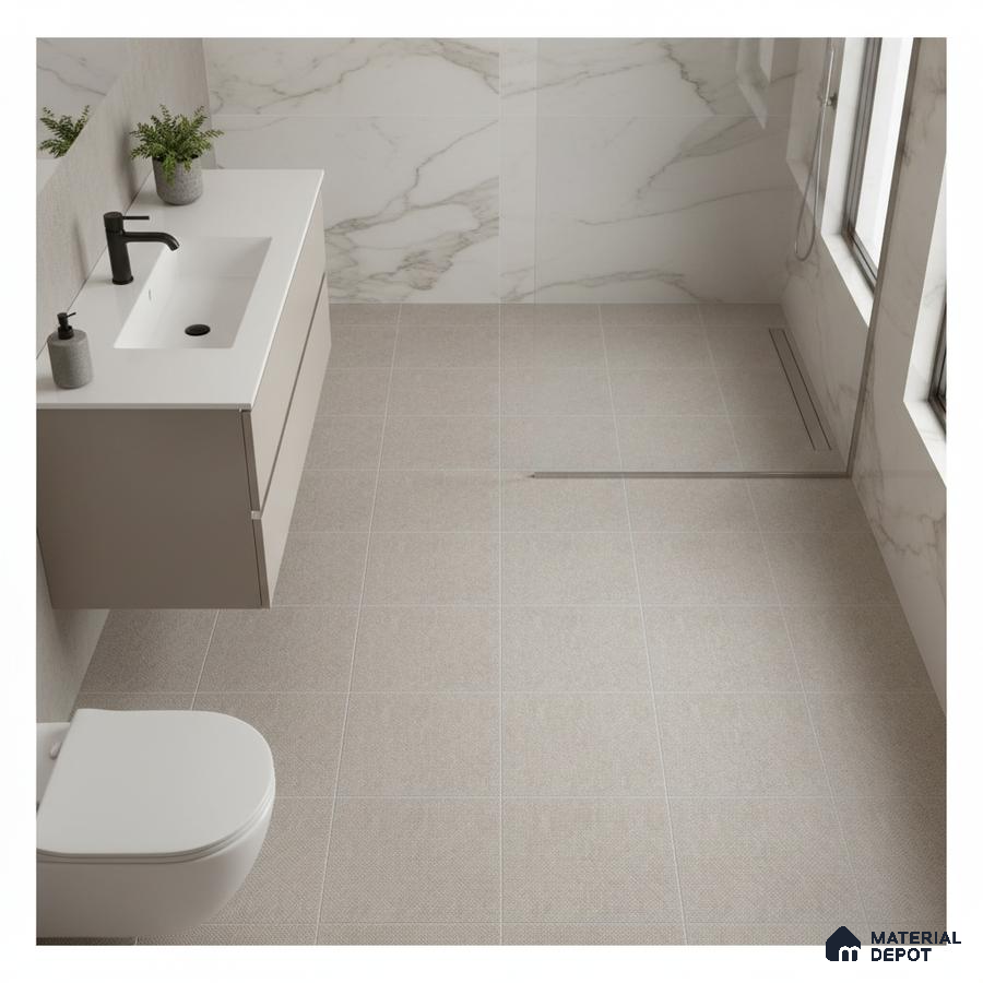 Minimalist bathroom with marble-look wall tiles and beige textured floor tiles