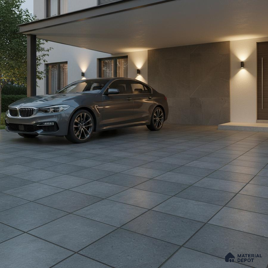 Modern parking with grey stone-look floor tiles and textured stone wall cladding