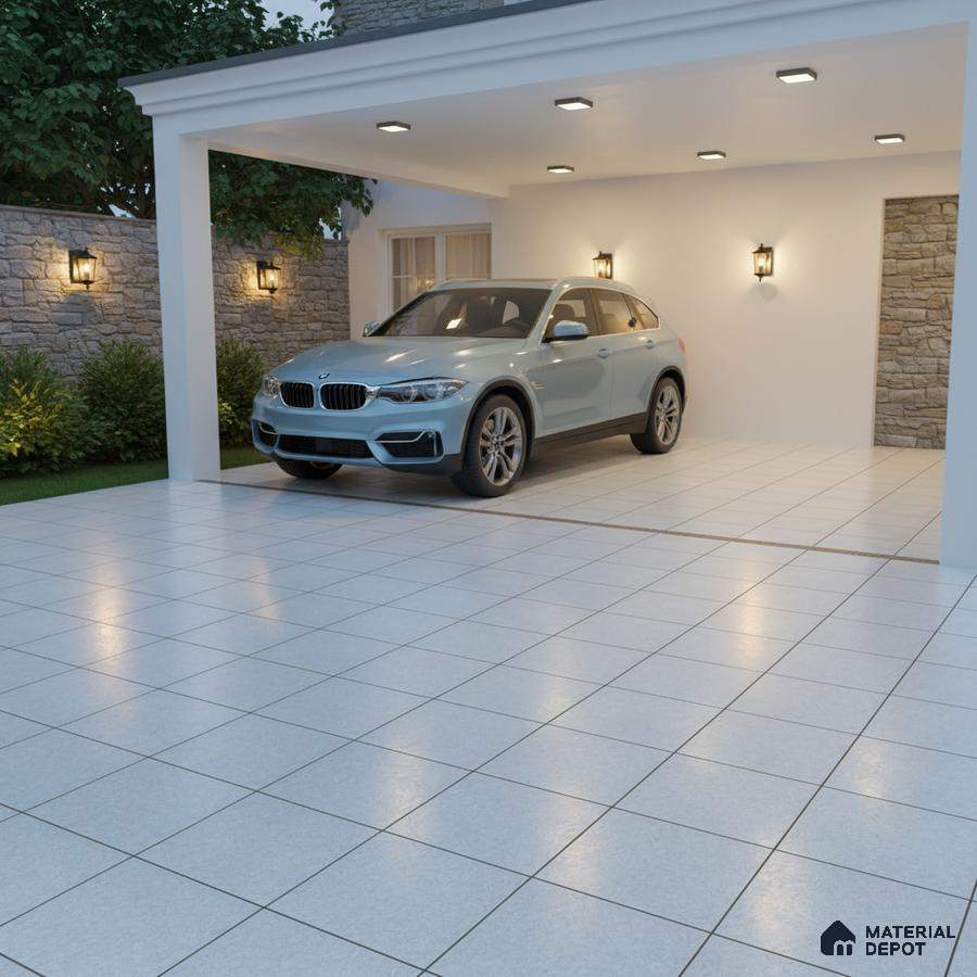 Modern parking with light grey matte floor tiles and stone cladding accent walls