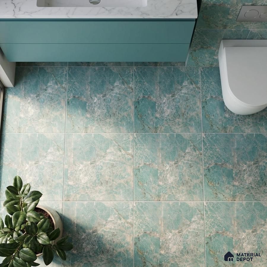 Modern bathroom with aqua marble-look floor tiles and pastel blue vanity