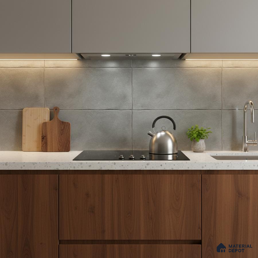 Modern kitchen with walnut wood laminate, terrazzo countertop, and large grey stone backsplash tiles
