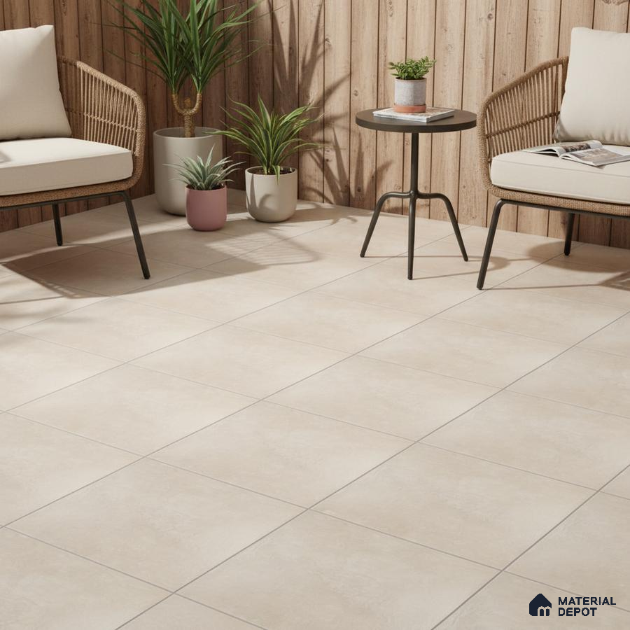 Scandinavian outdoor seating with beige floor tiles and natural wood cladding