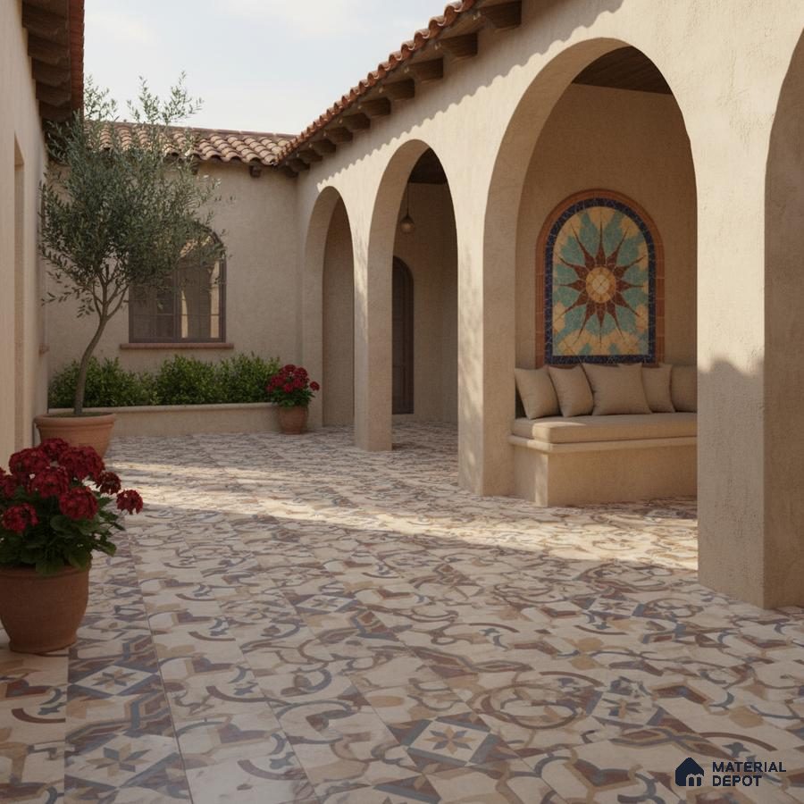 Mediterranean outdoor courtyard with patterned terracotta floor tiles and stucco arches