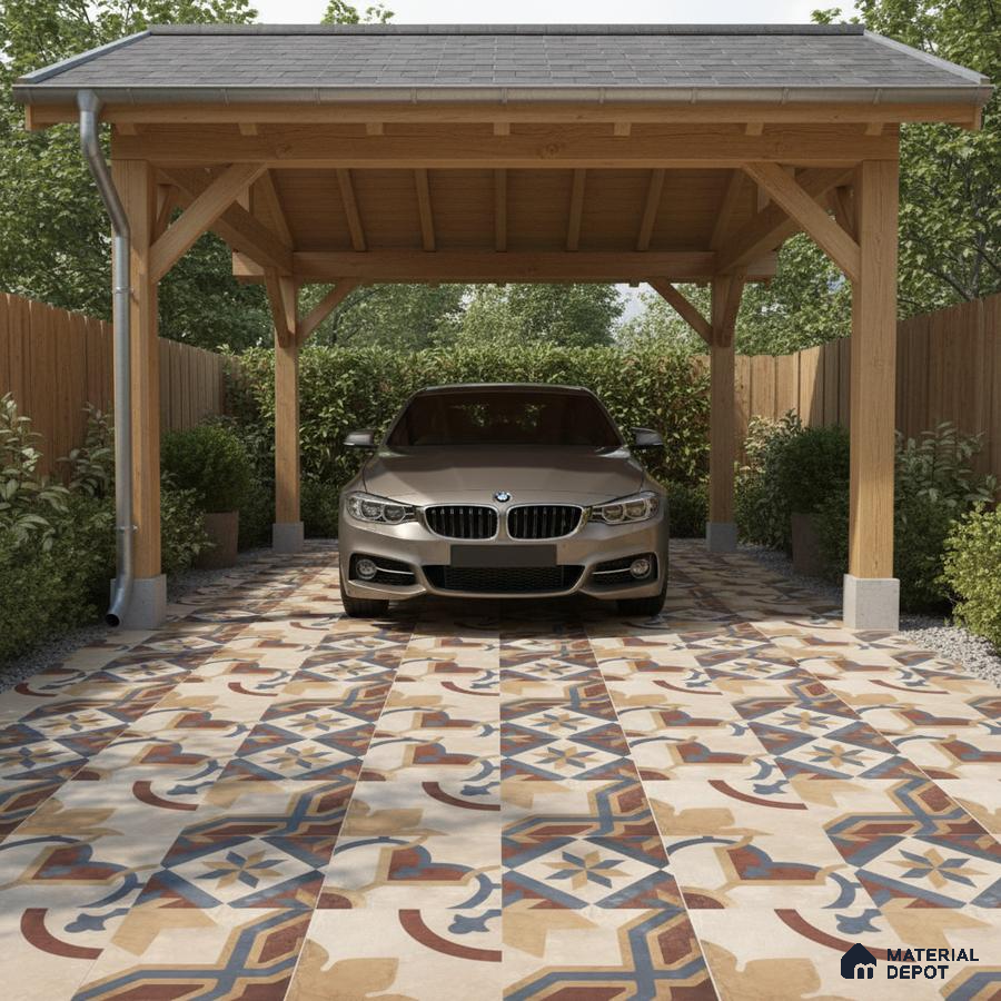 Mediterranean parking with patterned terracotta and blue geometric floor tiles and wooden carport