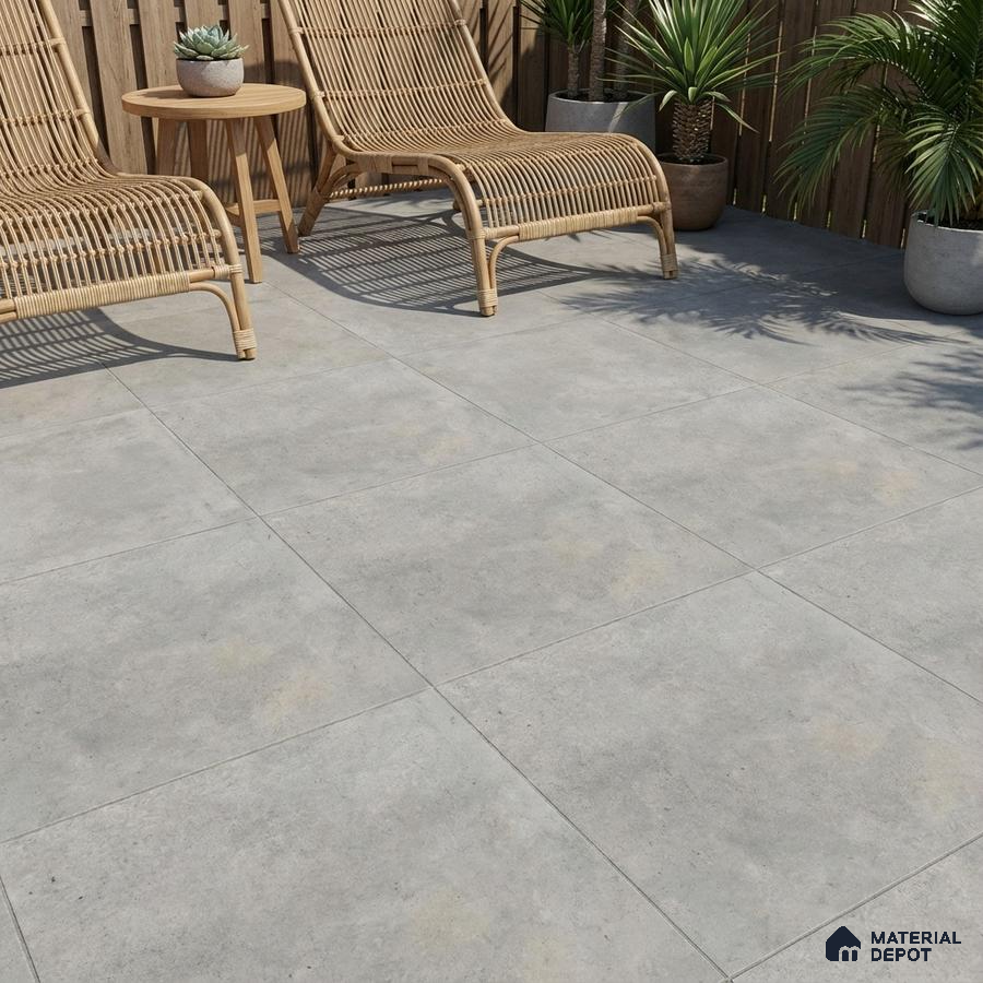 Scandinavian outdoor patio with grey cement-look floor tiles and natural rattan lounge chairs