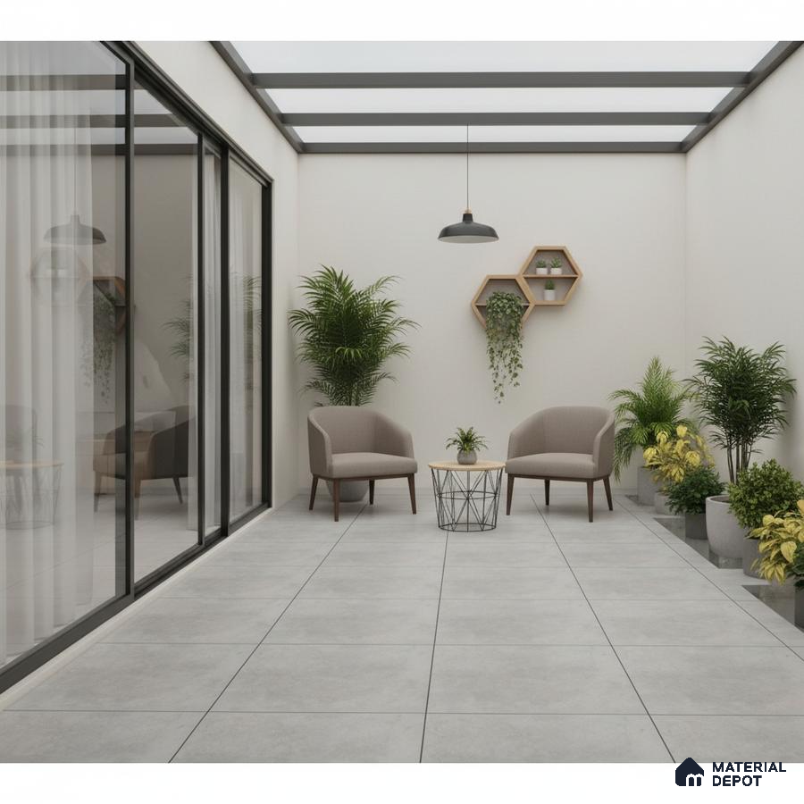 Minimalist balcony with light grey cement floor tiles and modern planters