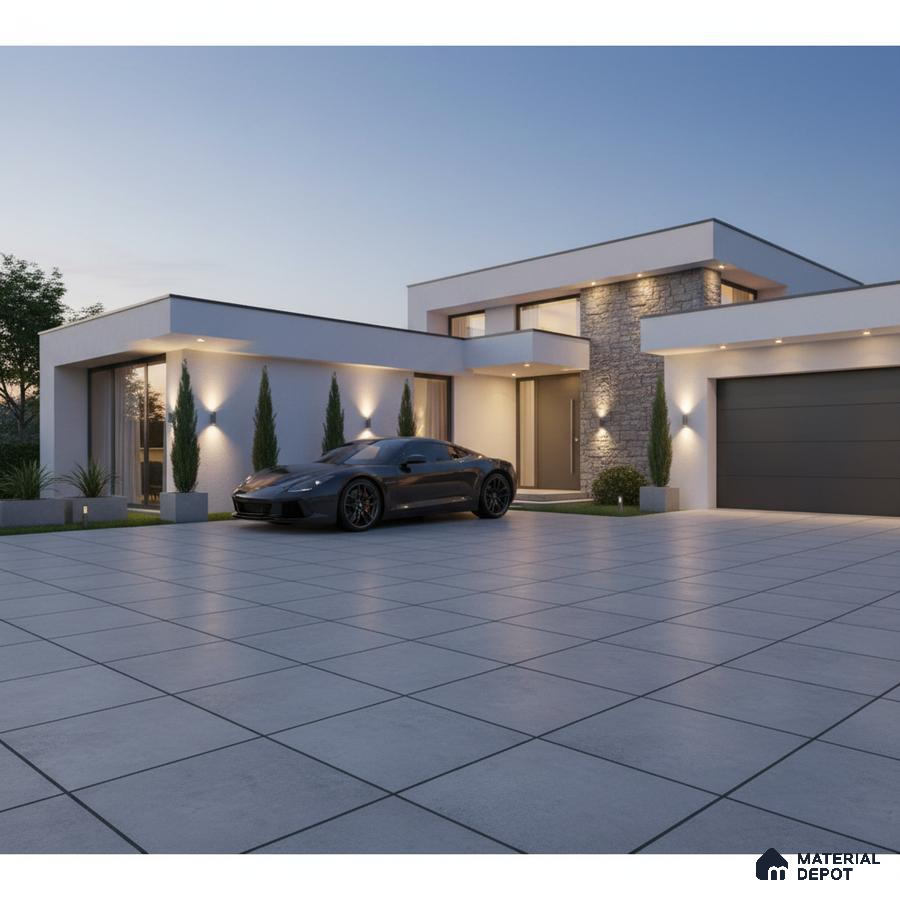 Modern parking with large grey outdoor floor tiles and stone cladding accent wall