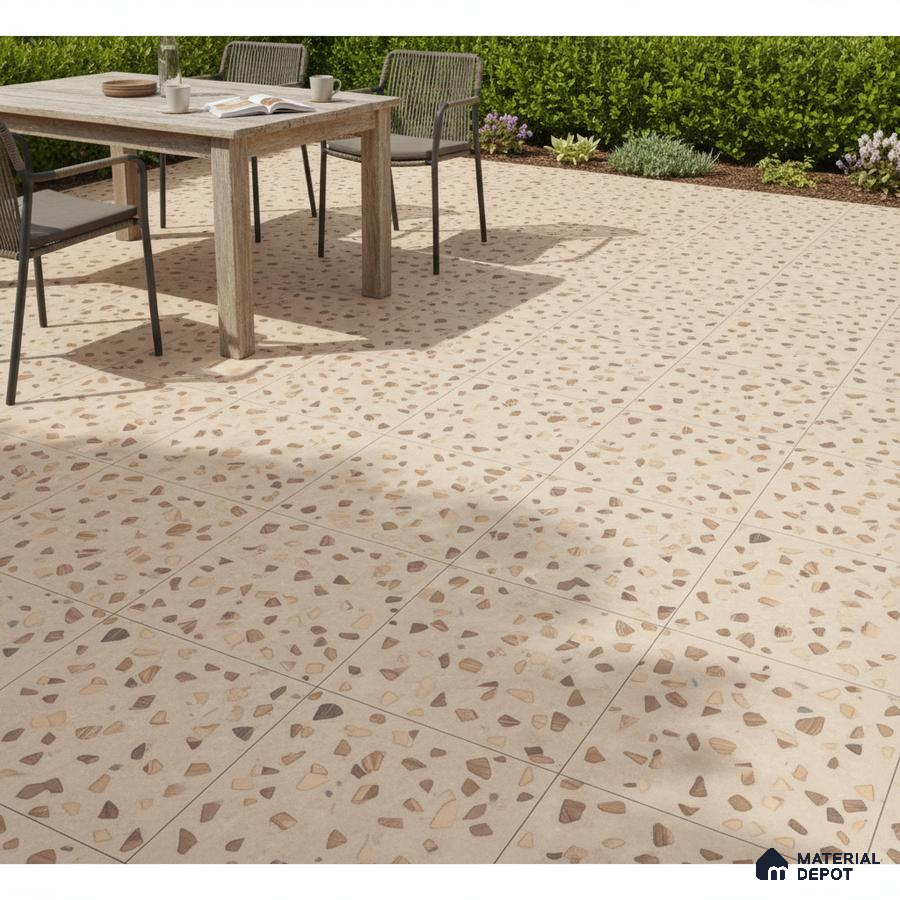 Modern outdoor patio with beige terrazzo floor tiles and natural wood dining set