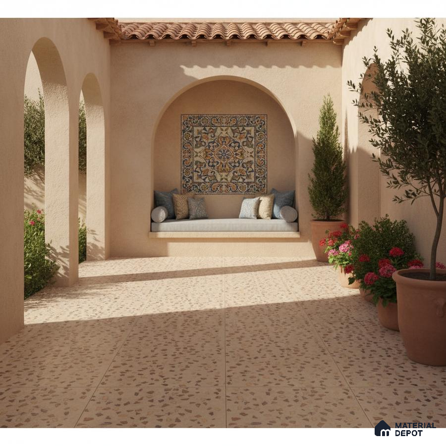 Mediterranean outdoor patio with terrazzo floor tiles and decorative patterned tile wall accent