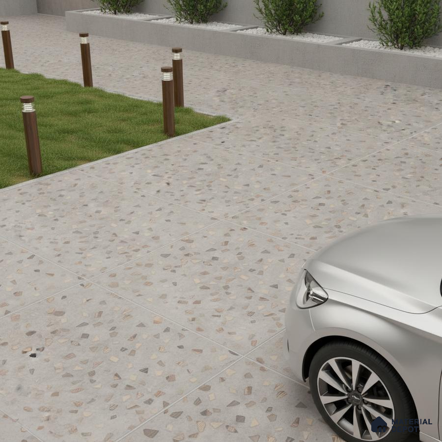 Modern parking area with terrazzo floor tiles and stone chip pattern