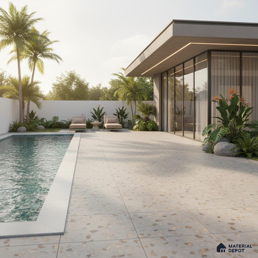Modern outdoor poolside with terrazzo floor tiles and glass facade