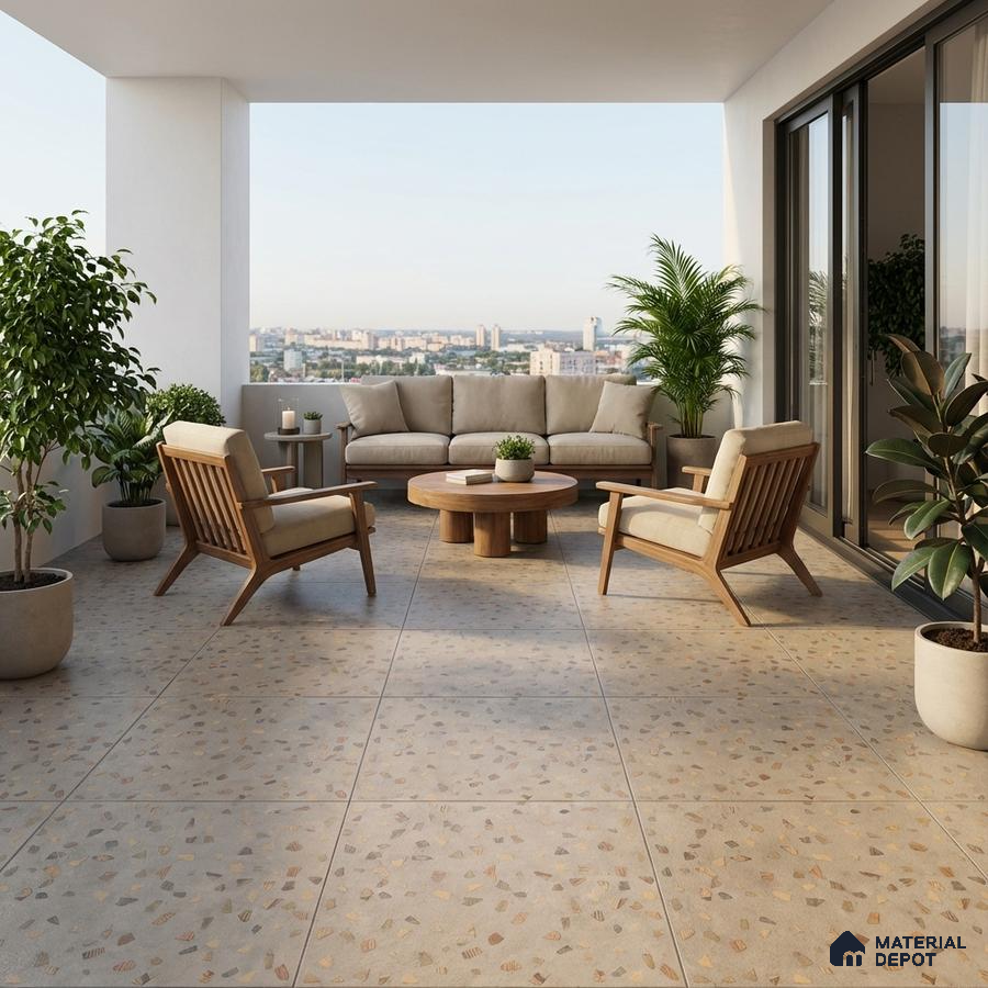 Scandinavian balcony with terrazzo floor tiles and natural wood outdoor furniture