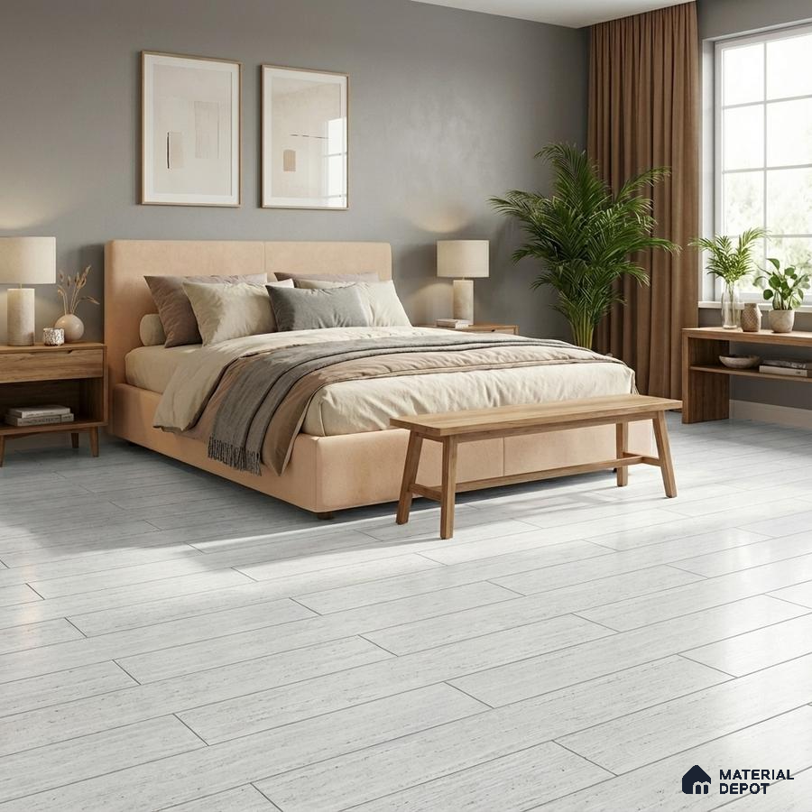 Scandinavian bedroom with beige suede upholstered bed, natural wood furniture, and light grey wood plank floor tile