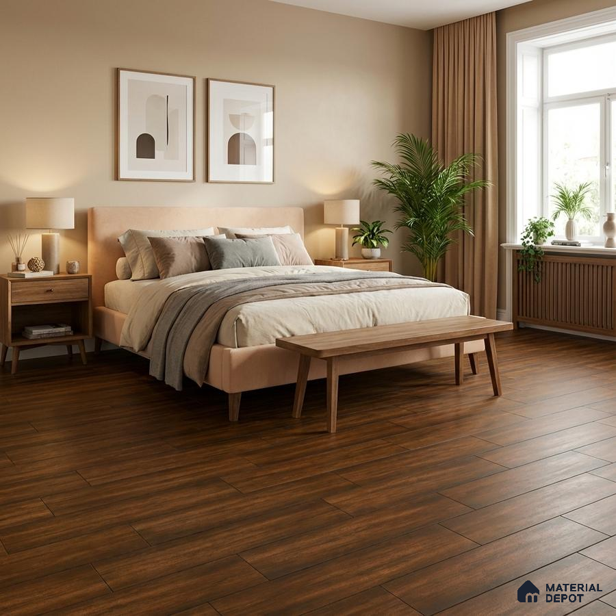 Scandinavian bedroom with matte walnut wood flooring and beige upholstered bed