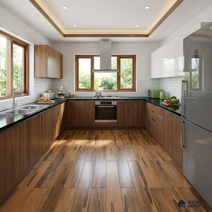 Modern U-shaped kitchen with walnut wood laminate, white subway tile backsplash, and wood-look floor tiles