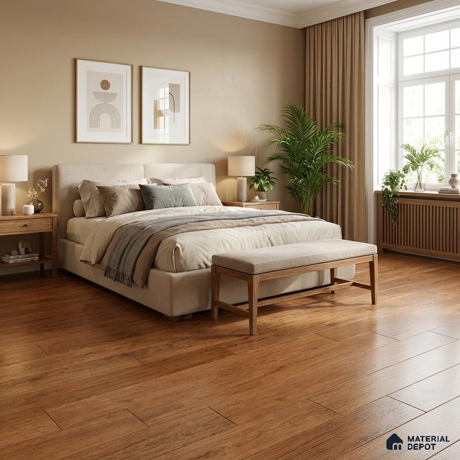 Scandinavian bedroom with beige paint, light oak wooden flooring, and upholstered bed