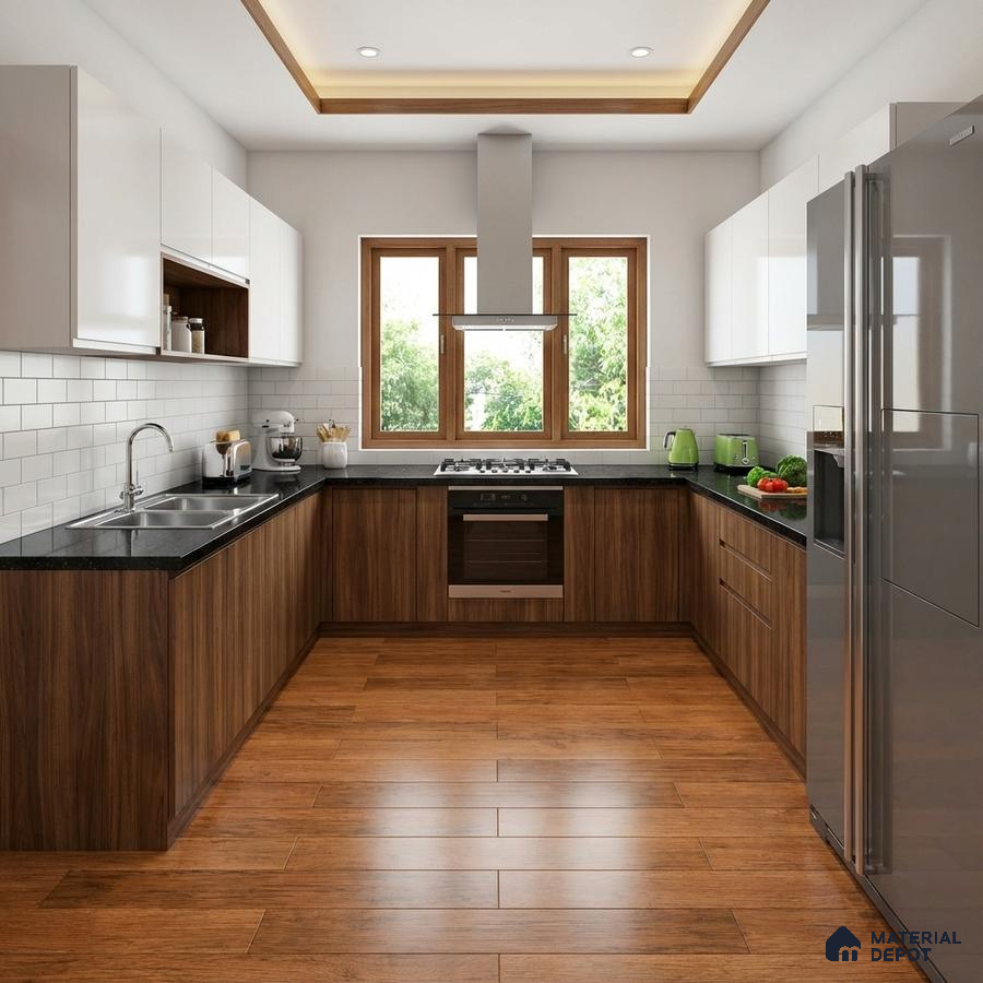 Modern kitchen with walnut wood laminate, frosty white laminate, black granite countertop, and subway backsplash tiles