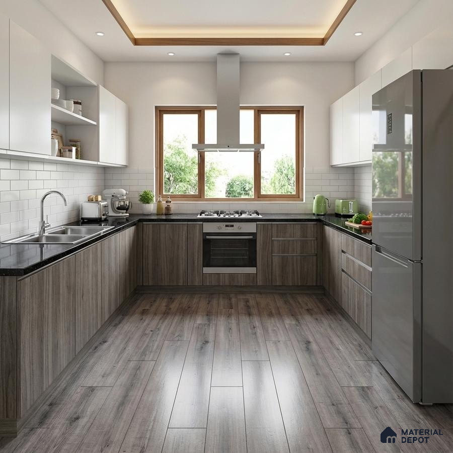 Modern kitchen with grey wood laminate, white subway tile backsplash, and black granite countertop