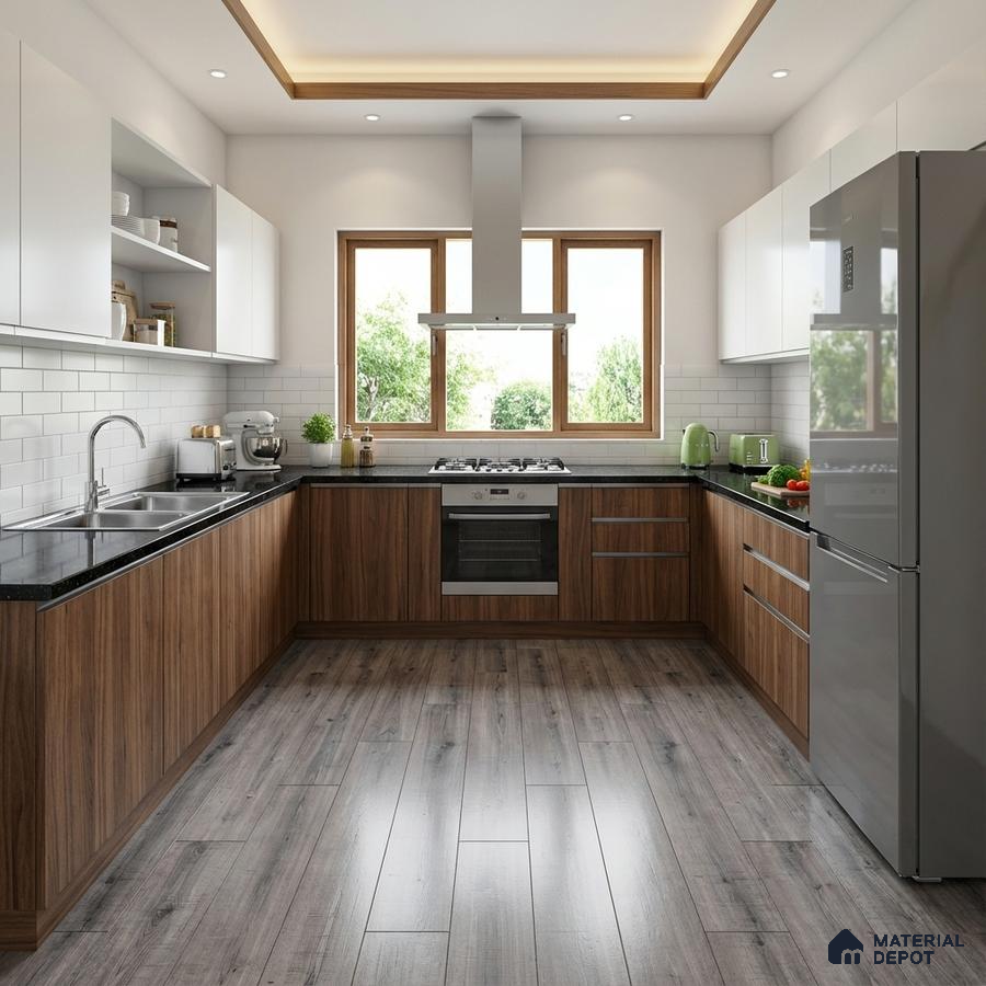 Modern kitchen with walnut wood laminate, frosty white laminate, black granite countertop, and subway backsplash tiles