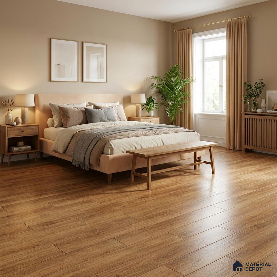 Scandinavian bedroom with natural oak wood flooring and beige paint