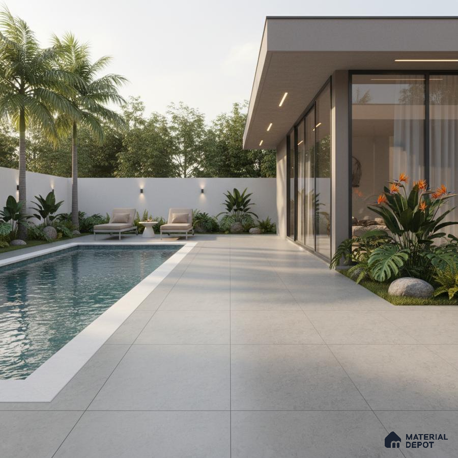 Modern outdoor space with large format grey stone tiles and poolside landscaping