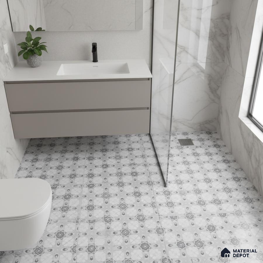 Modern bathroom with marble wall tiles and grey patterned floor tiles