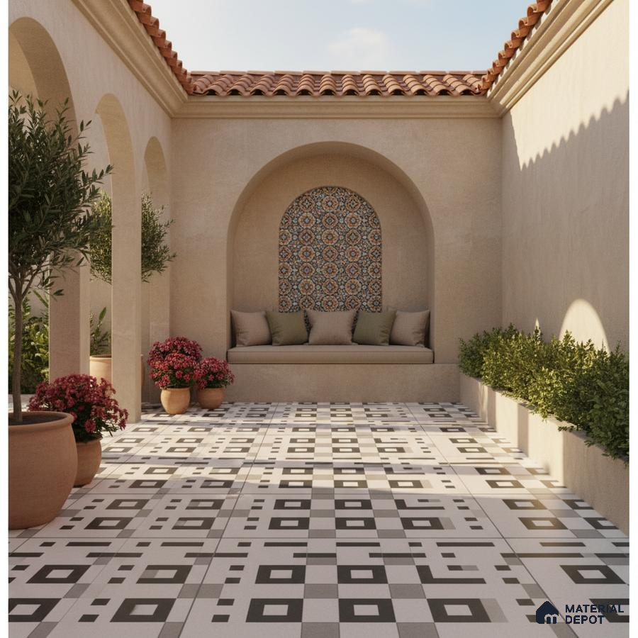 Mediterranean outdoor courtyard with geometric black-and-white floor tiles and patterned mosaic wall tile