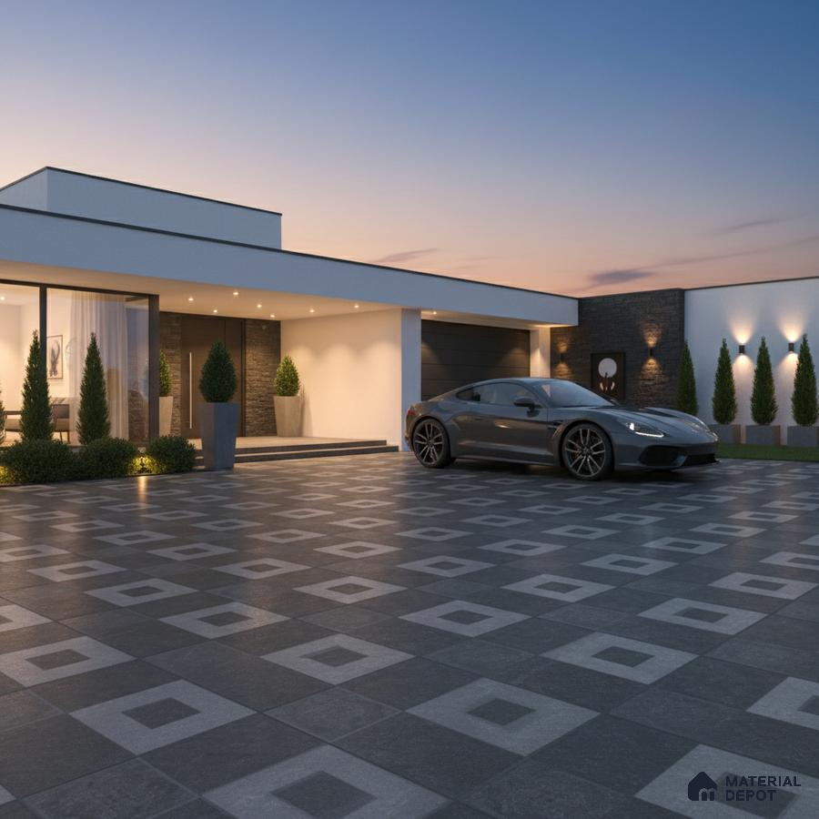 Modern parking with grey geometric patterned outdoor floor tiles and stone cladding accent wall