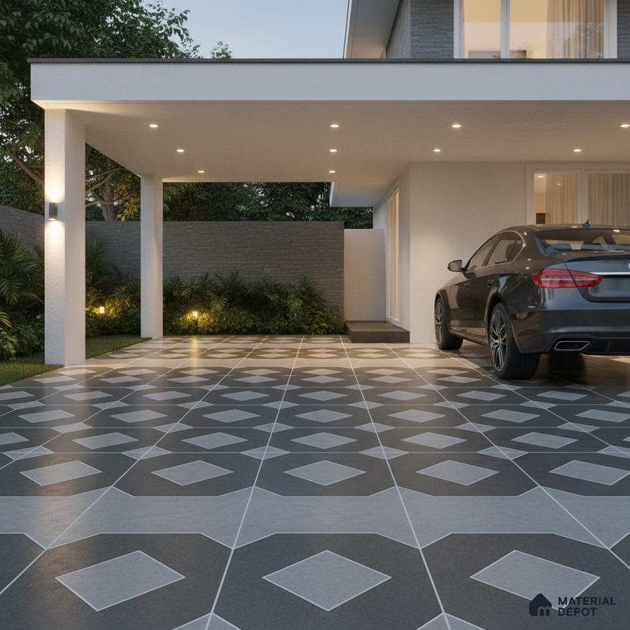Modern parking with geometric black and grey floor tiles and minimal exterior cladding